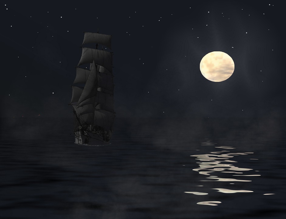 帆船　夜　月　海